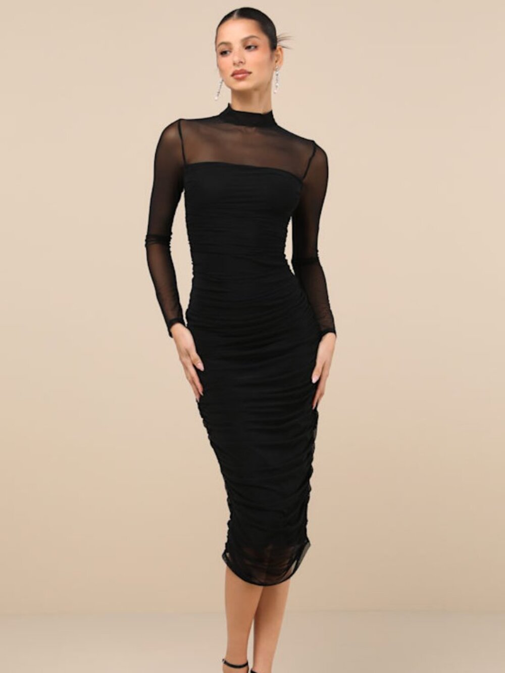 Lulus Impressive Flirt Black Mesh Ruched Mock Neck Midi Dress - Size L